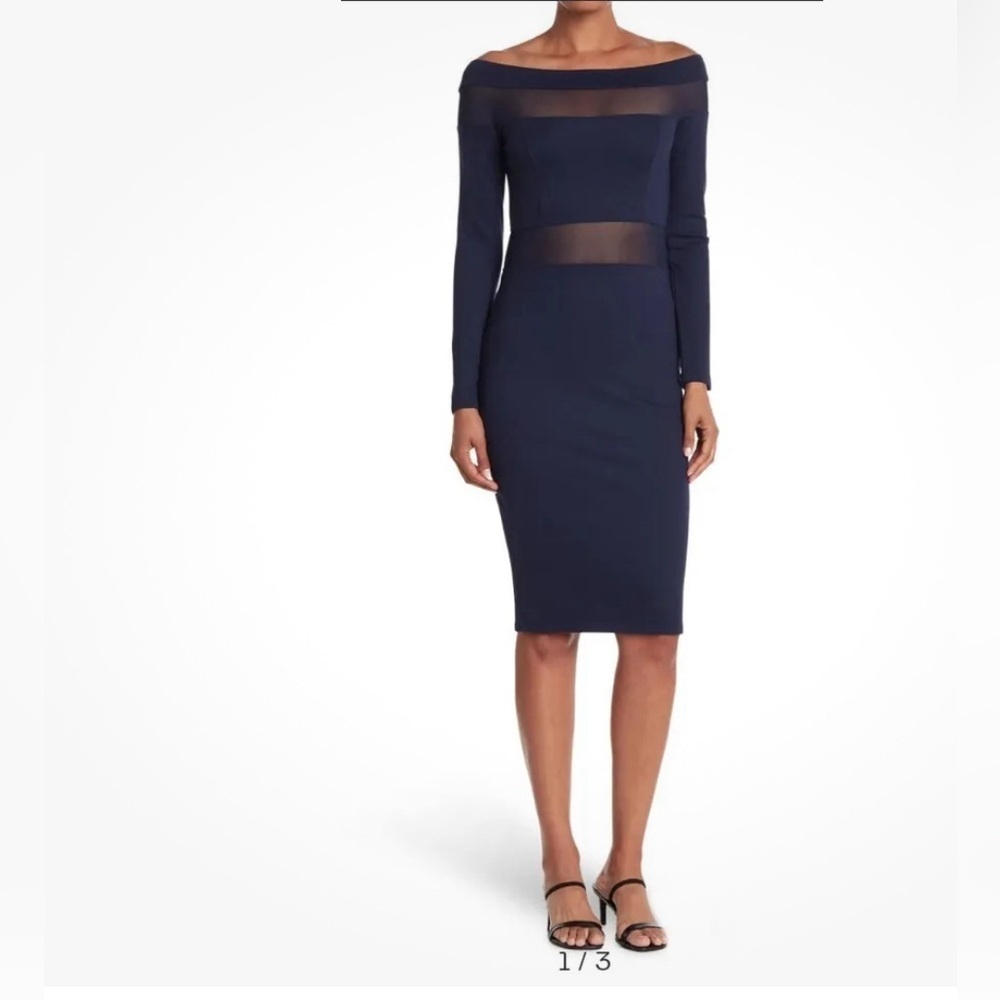 LOVE X DESIGN- Navy Off The Shoulder MESH panel Bodycon Dress Size XS